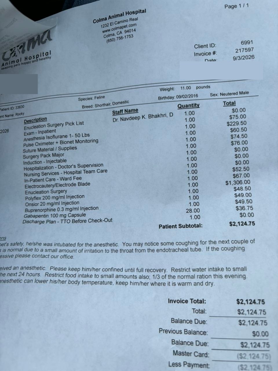 Redacted veterinary invoice showing Rocky’s current medical bill of $2,124.75.